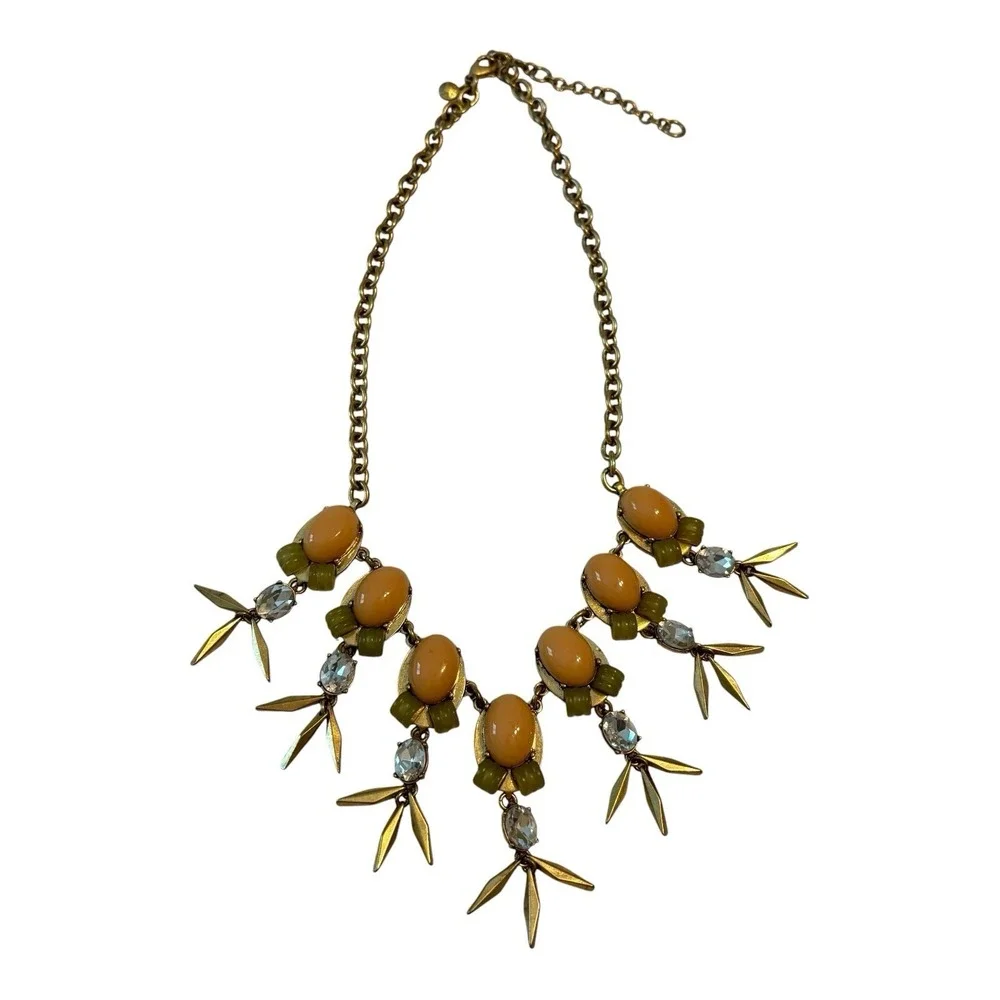 J.Crew Statement Bib Necklace Peach Cabochon Crystal Gold Tone Leaf Dangle